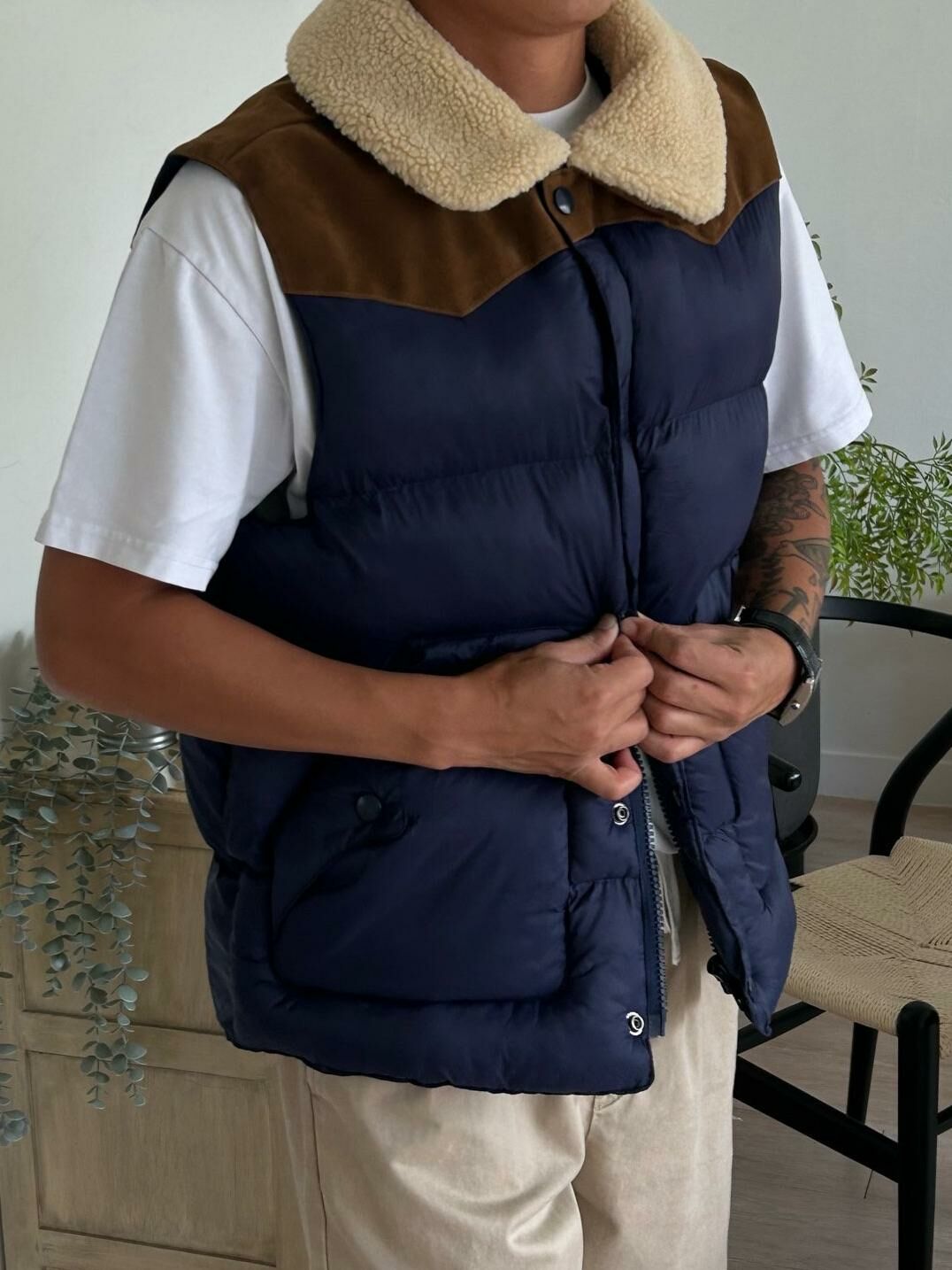 拼色毛毛領拉鍊背心褸(夾棉) (夾棉) Veil-011V