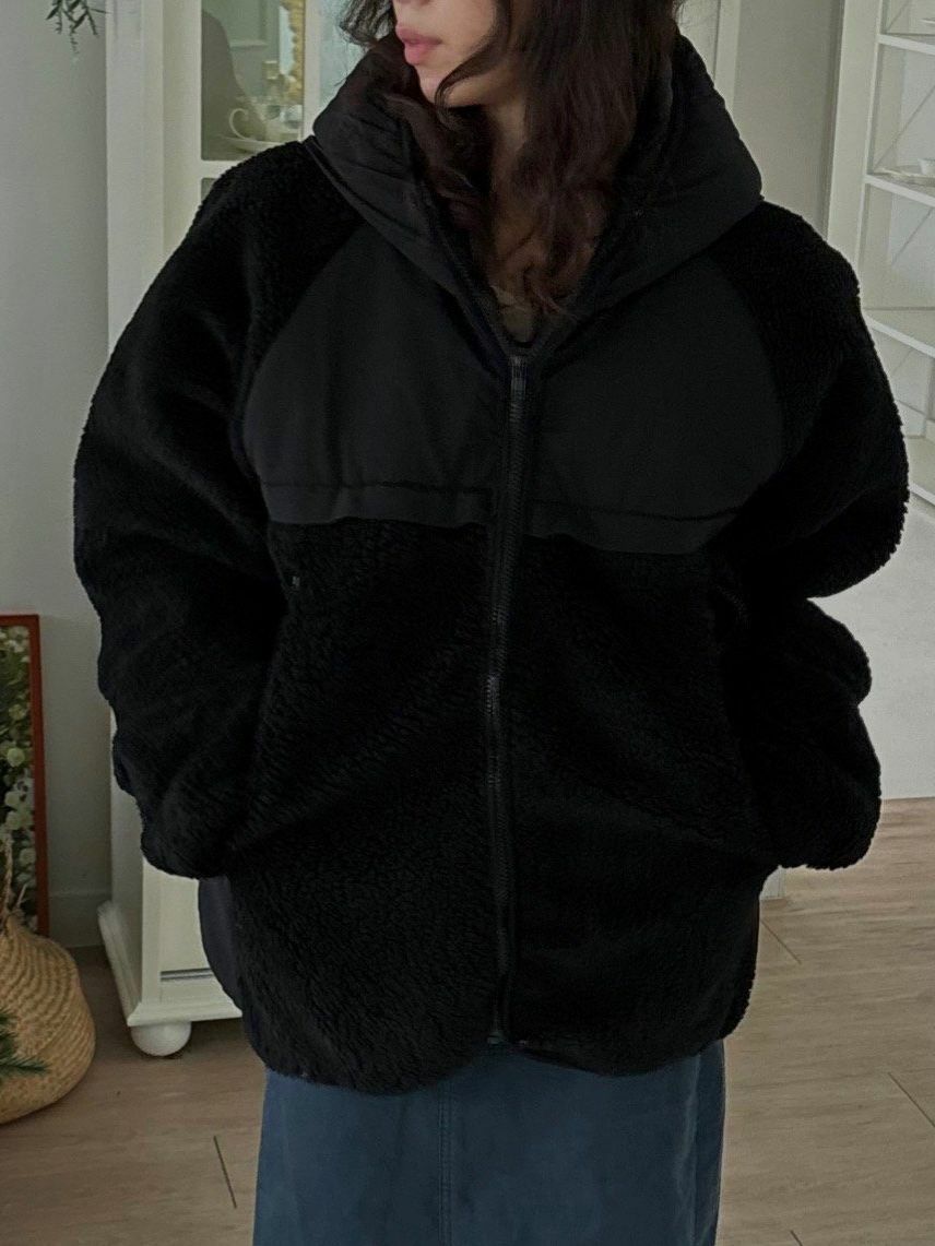 拼毛毛粒連帽拉鍊外套(夾棉) Veil-015JK