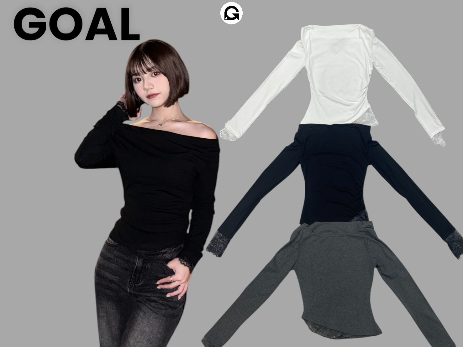 (GOAL) 蕾絲拼接斜肩上衣 9143