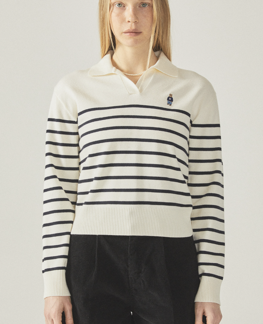 【韓国 WHO.A.U】Steve Open Collar Stripe Pullover 韓國Who.A.U Steve Open Collar Stripe Pullover