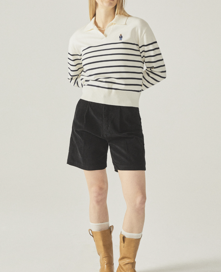 【韓国 WHO.A.U】Steve Open Collar Stripe Pullover Steve Open Collar Stripe Pullover - 후아유닷컴