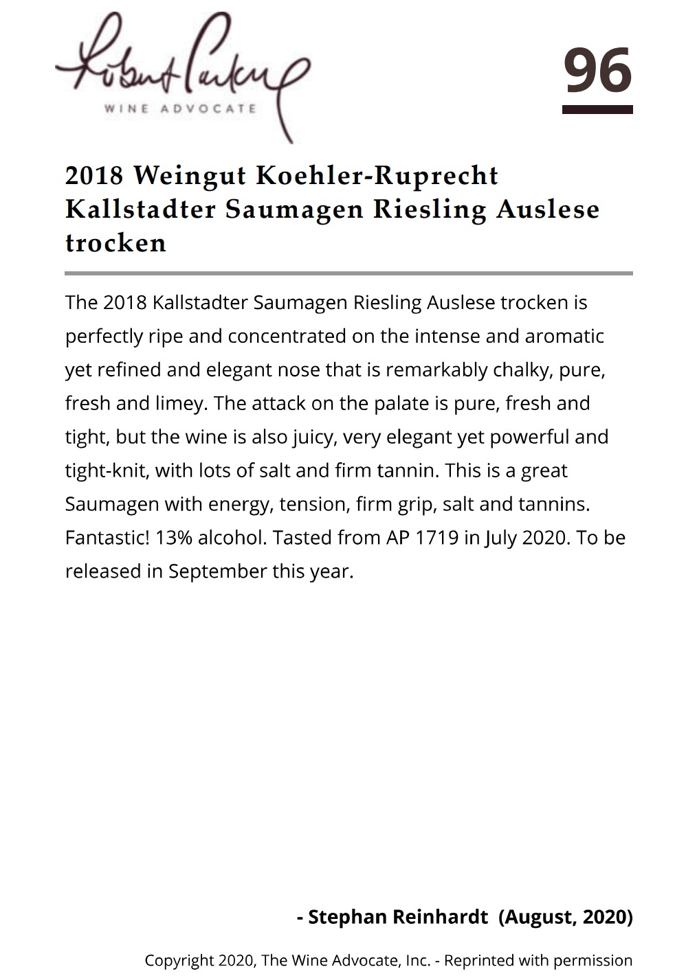 2018 Koehler-Ruprecht Kallstadter Saumagen Riesling Auslese Trocken