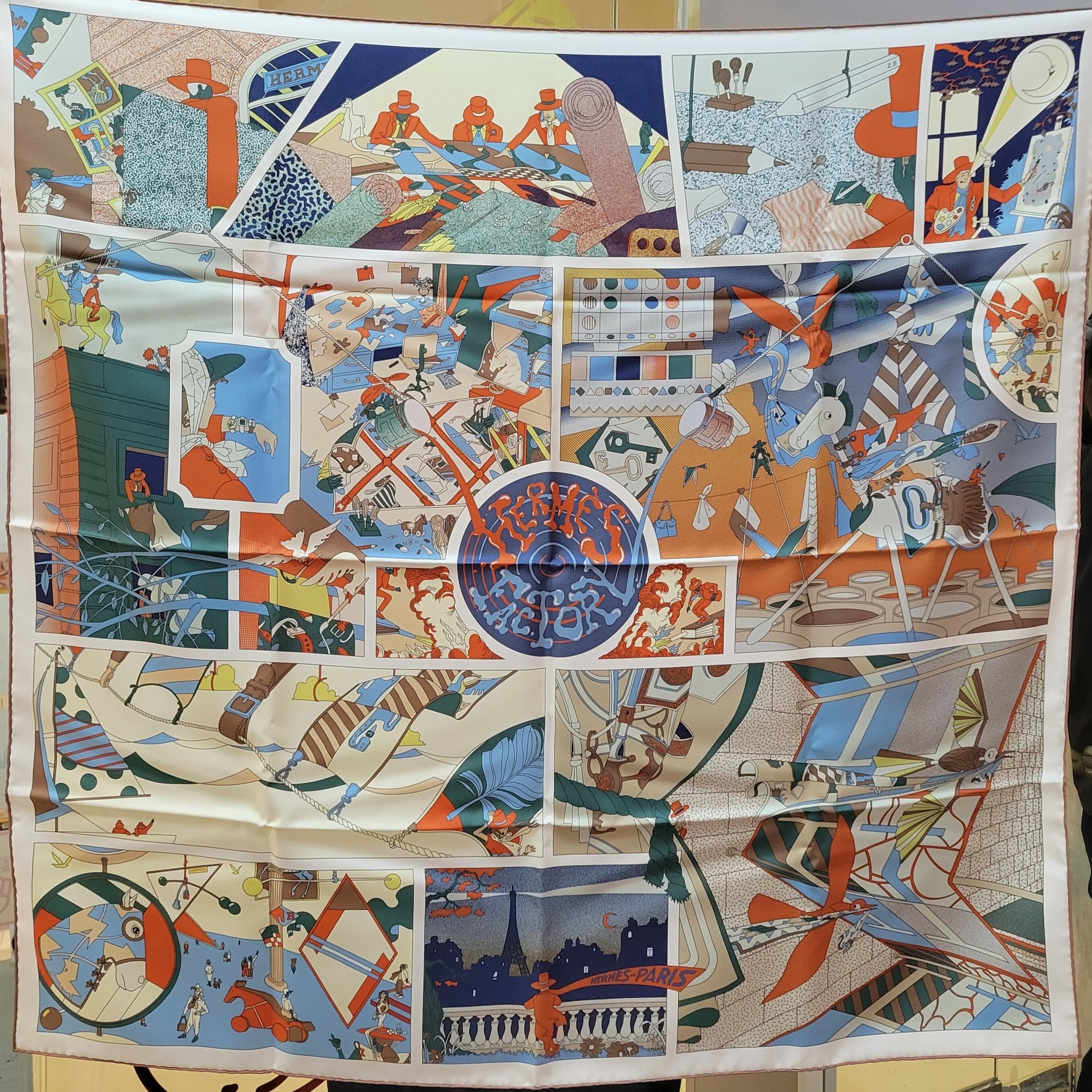 HERMES Factory double face scarf 90 CREME/BLEU JEAN/VERT