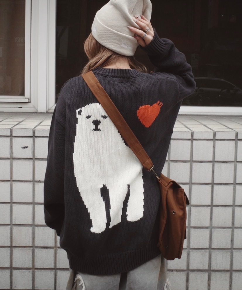 HUMAN MADE 北極熊針織愛心 大後圖毛衣 橄欖綠/炭灰色