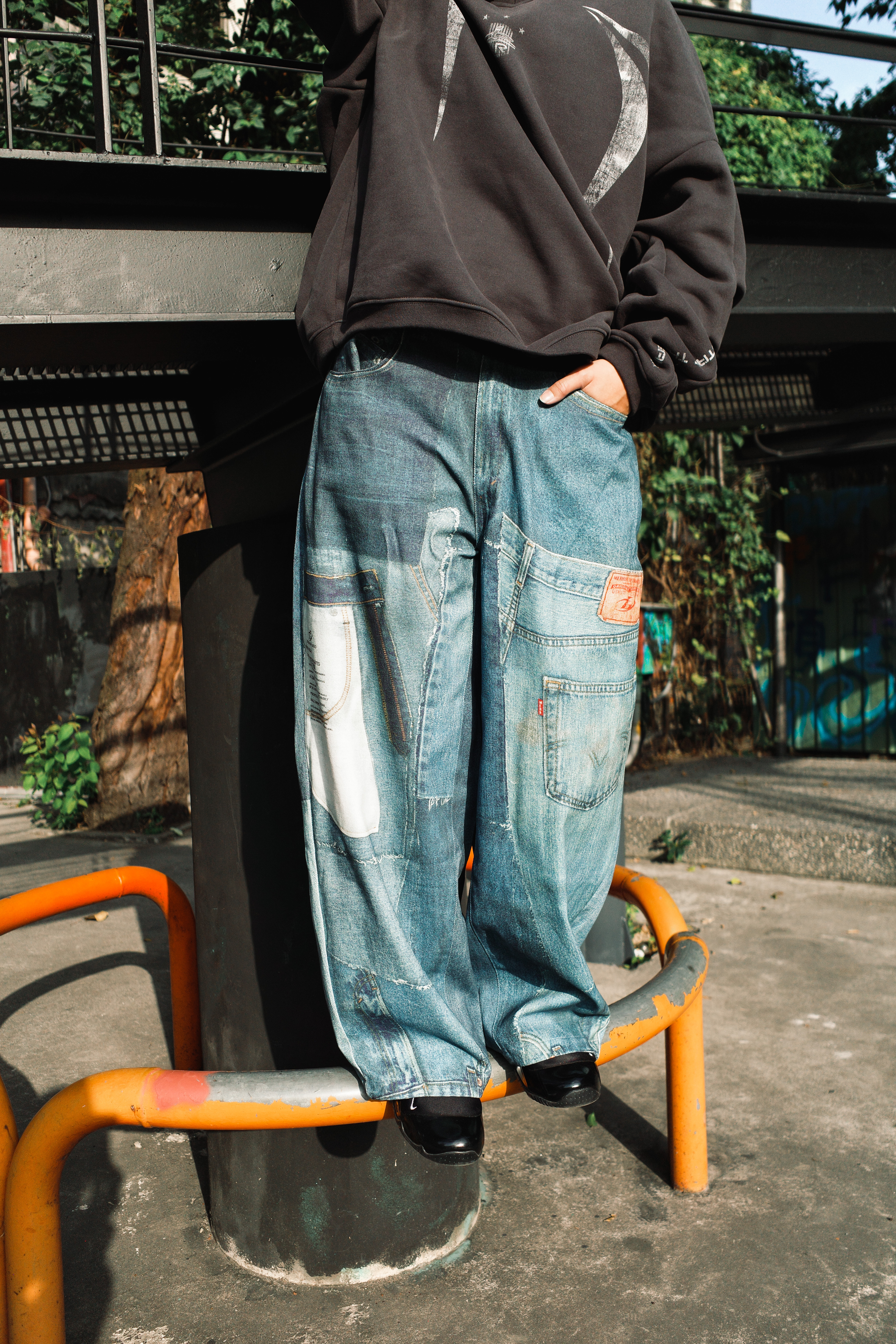 『Always_Good』拼接 補丁 數位印花 牛仔 長褲