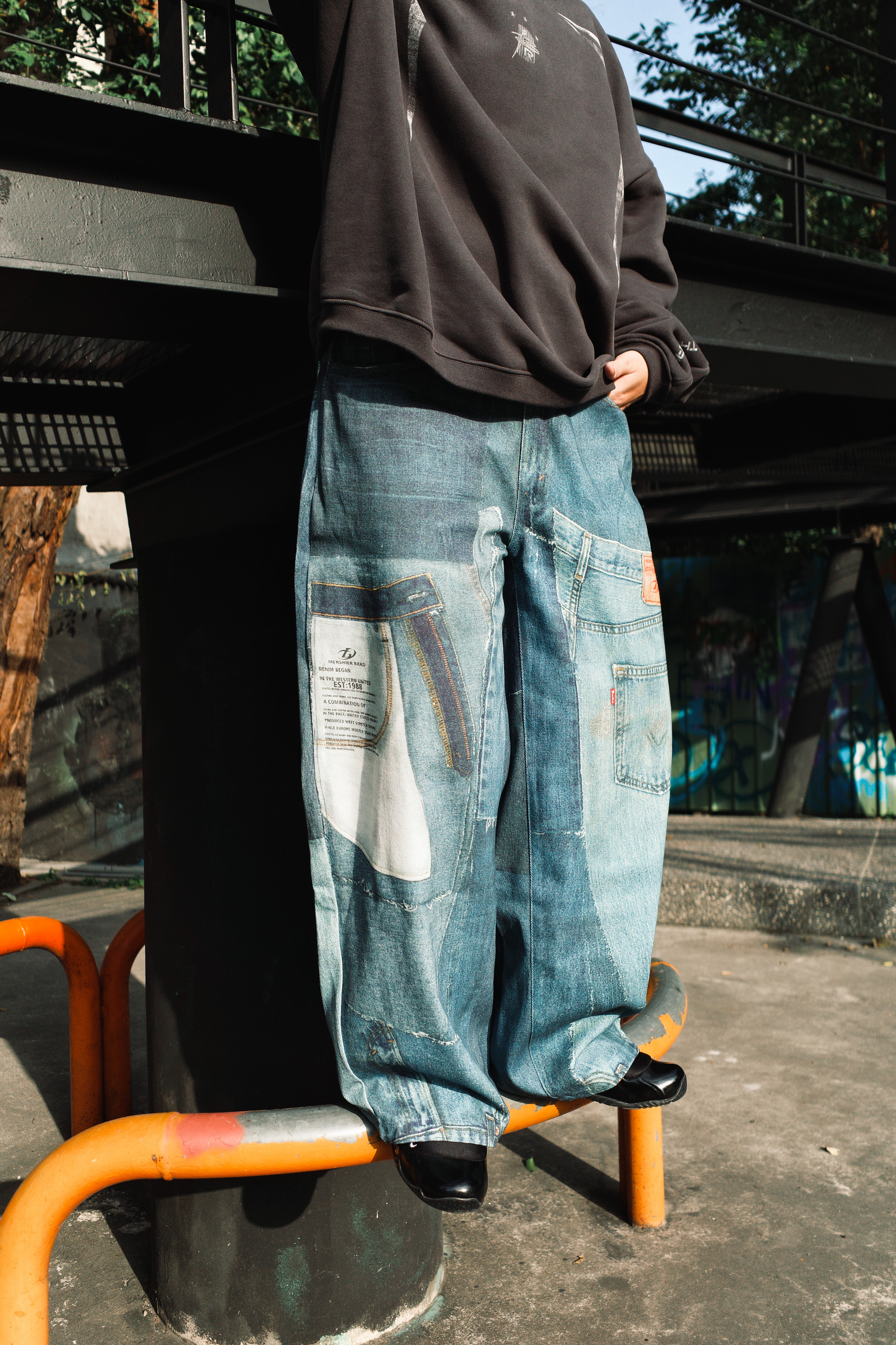 『Always_Good』拼接 補丁 數位印花 牛仔 長褲