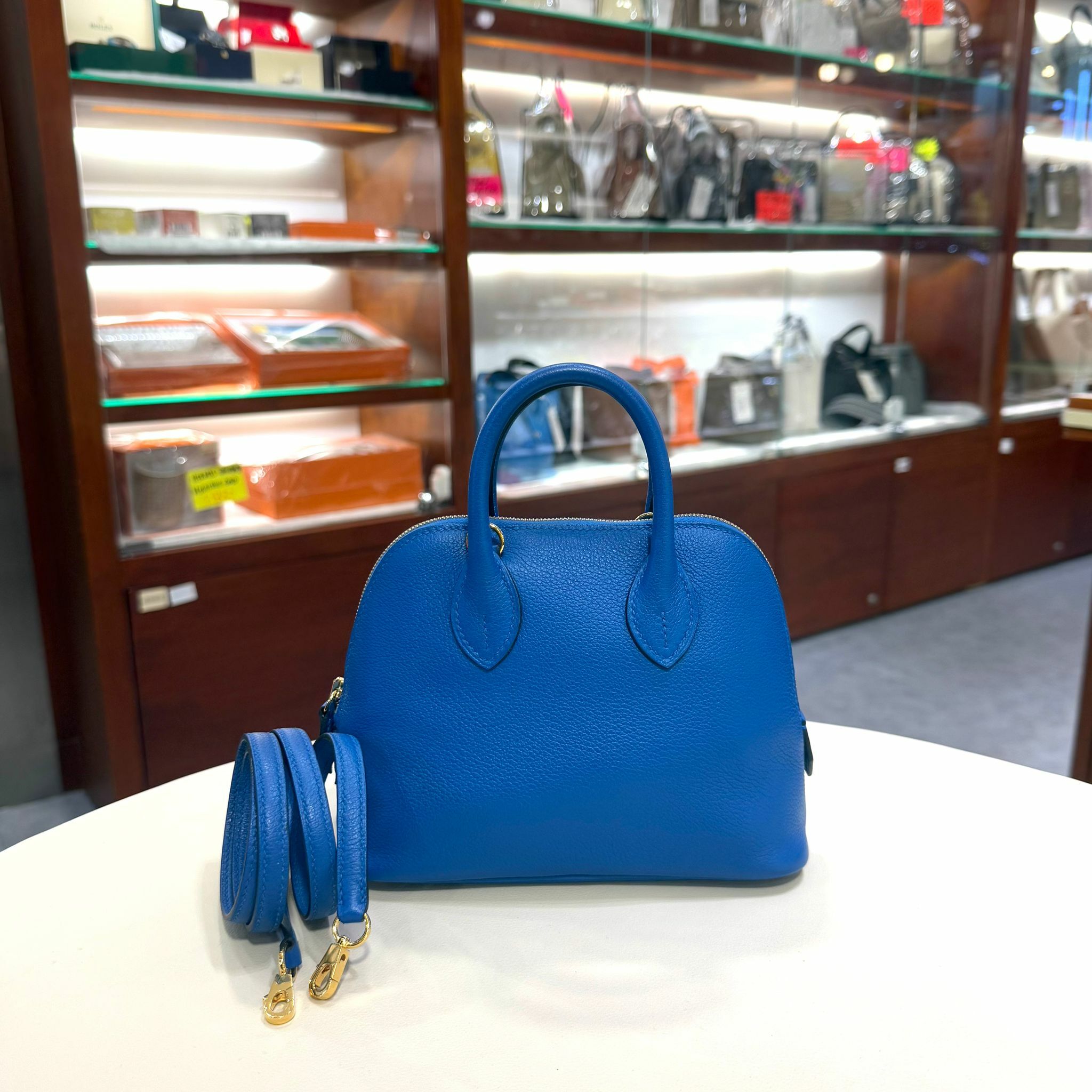 99%NEW二手HERMES MINI BOLIDE, C刻, GHW, I7/馬賽克藍 金扣,EVERCOLOR皮, #香榭站正品