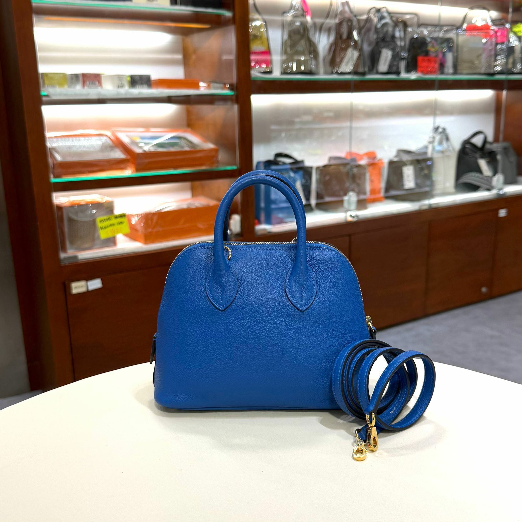 99%NEW二手HERMES MINI BOLIDE, C刻, GHW, I7/馬賽克藍 金扣,EVERCOLOR皮, #香榭站正品