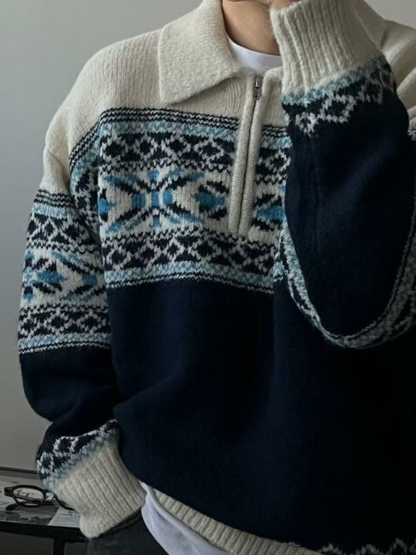 反領淨色/民族花針織衫 JACKPOT-009T