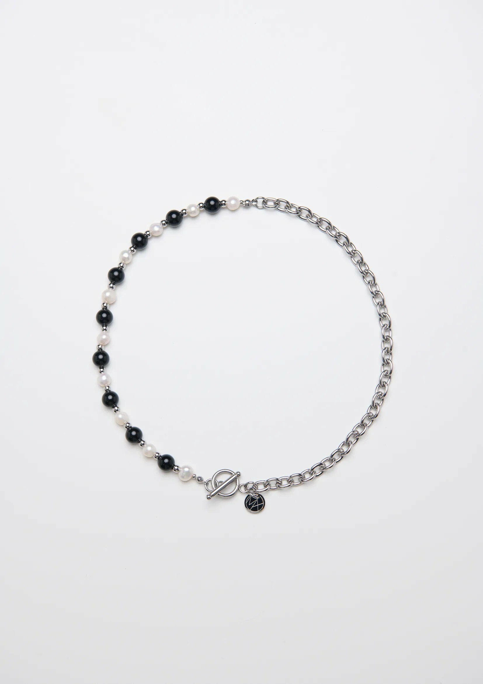 MP030 淡水珍珠拼接黑瑪瑙石串接純鋼蛋型圈項鍊