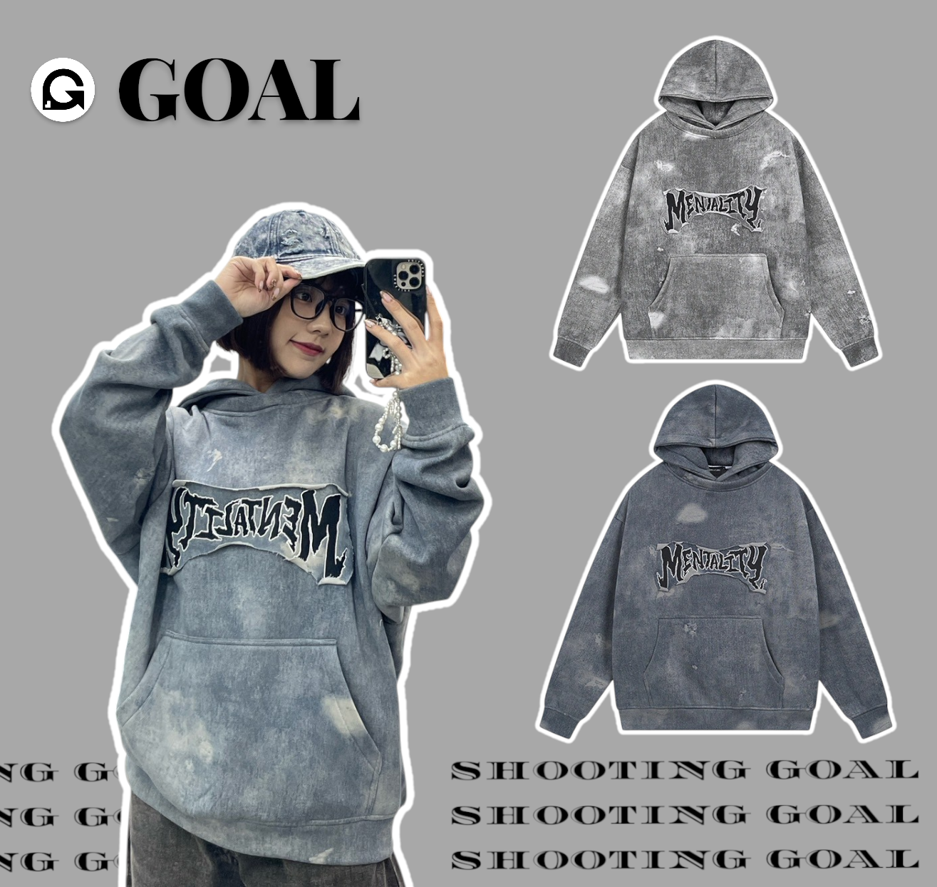 (GOAL) 水洗 暈染 拼接 刺繡 貼布 帽tee 刷色 美式 SMK 2535