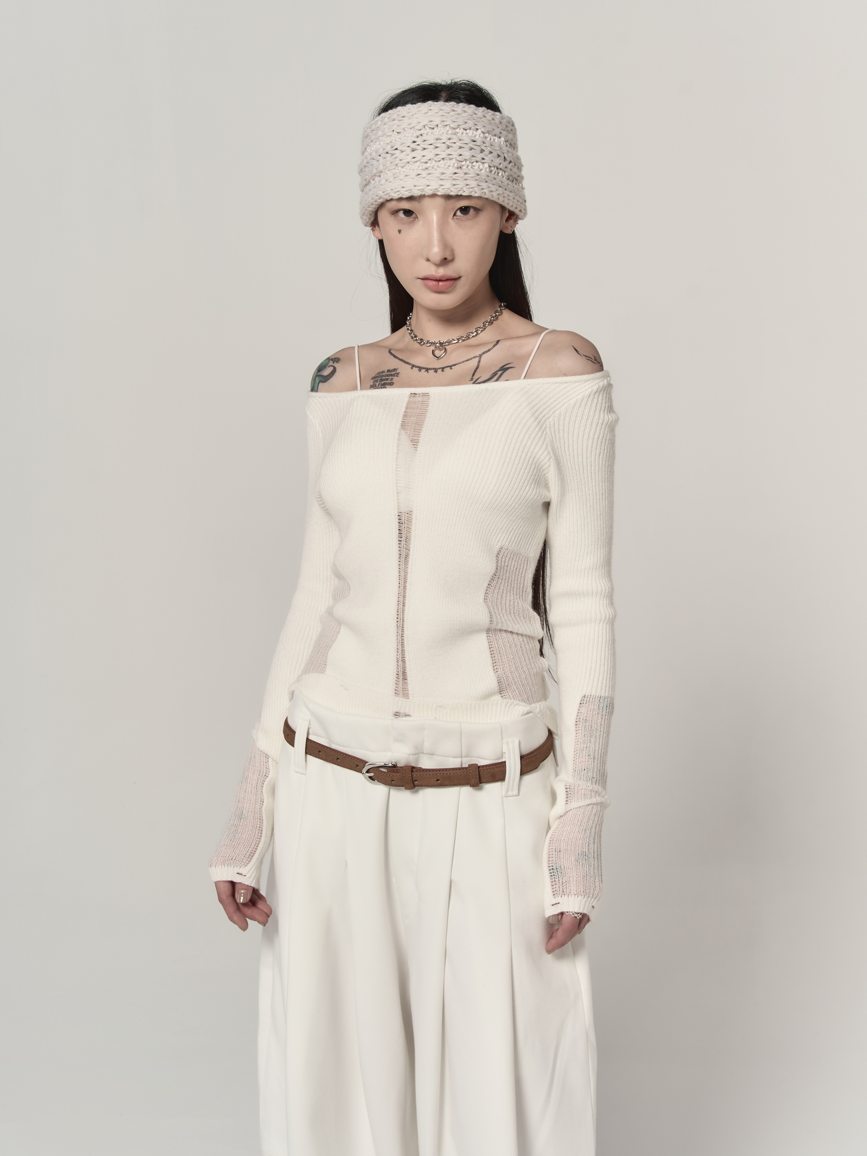 貼身針織彈力透膚長袖-白