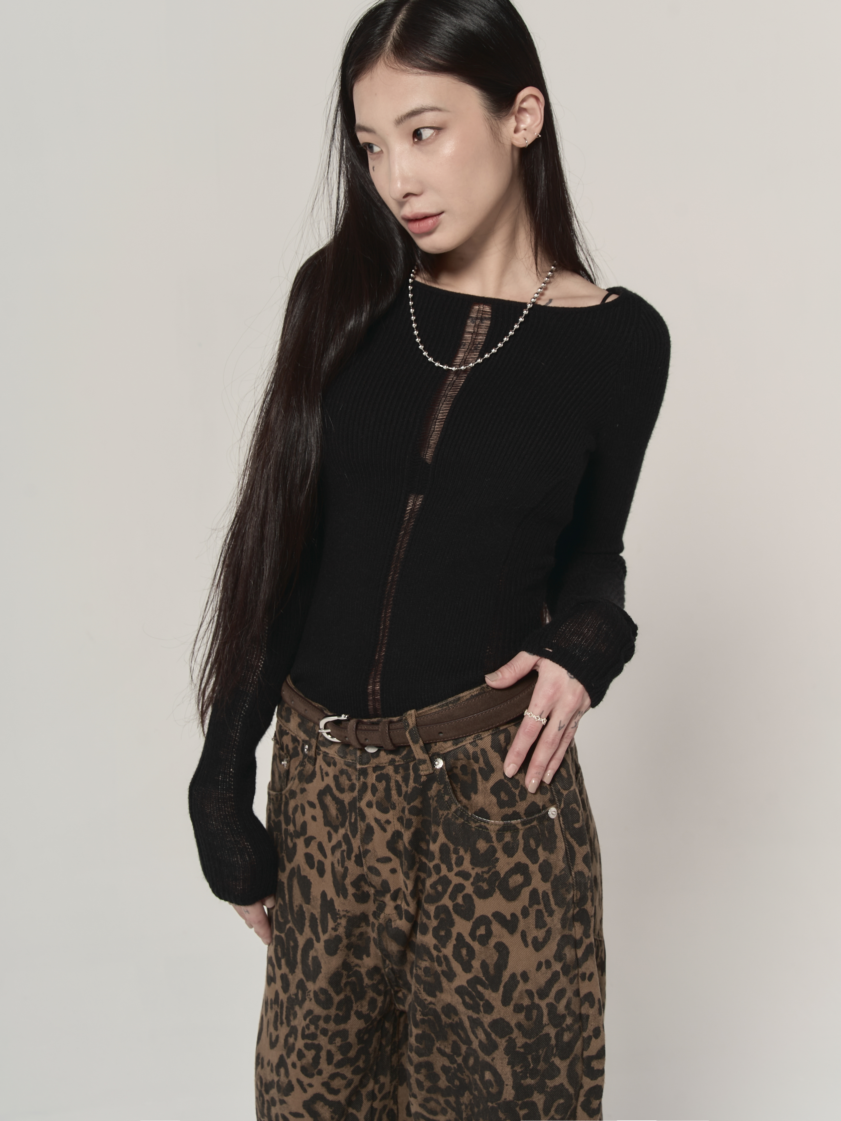 貼身針織彈力透膚長袖-黑