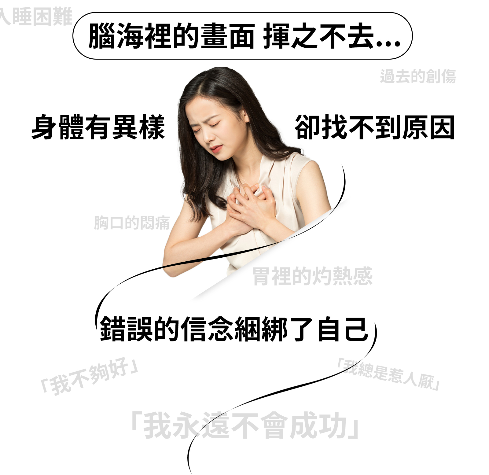 1、身體的異樣,卻找不到原因 明明檢查報告一切正常,但胸口的悶痛、胃裡的灼熱感,甚至肩頸的緊繃,卻像緊箍咒一樣,讓人無法放鬆。你試著深呼吸,告訴自己放輕鬆,但那股壓力還是無處不在。醫生說這是壓力導致的「身體化症狀」,你卻不知道該如何擺脫它。 2、腦海裡的畫面揮之不去 或許是一次爭吵的瞬間,或許是一個驚恐的場景,那些不好的記憶片段,總在夜深人靜時反覆播放,像一部壞掉的老電影。每次閉上眼睛,那些畫面就不請自來,讓你無法好好入睡。 3、錯誤的信念,綑綁了自己 「我不夠好」「我總是惹人厭」「我永遠不會成功」—這些念頭是否讓你感到痛苦,卻又揮之不去?過去的不愉快經歷,仿佛鑄成了內心的迷宮,讓你覺得自己被困住,無法走出來。