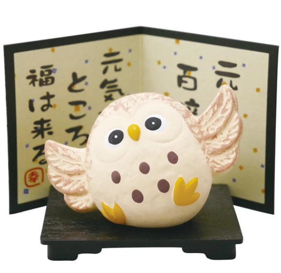 日本萬古燒陶瓷元気ねこ貓頭鷹擺設 (日本製)