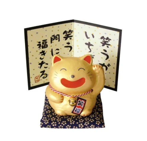 日本萬古燒笑福来門陶瓷貓貓(金) (日本製)