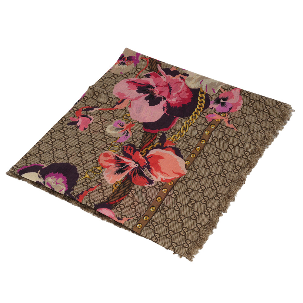 【GUCCI】GG Logo 花卉圖案羊毛披肩/圍巾