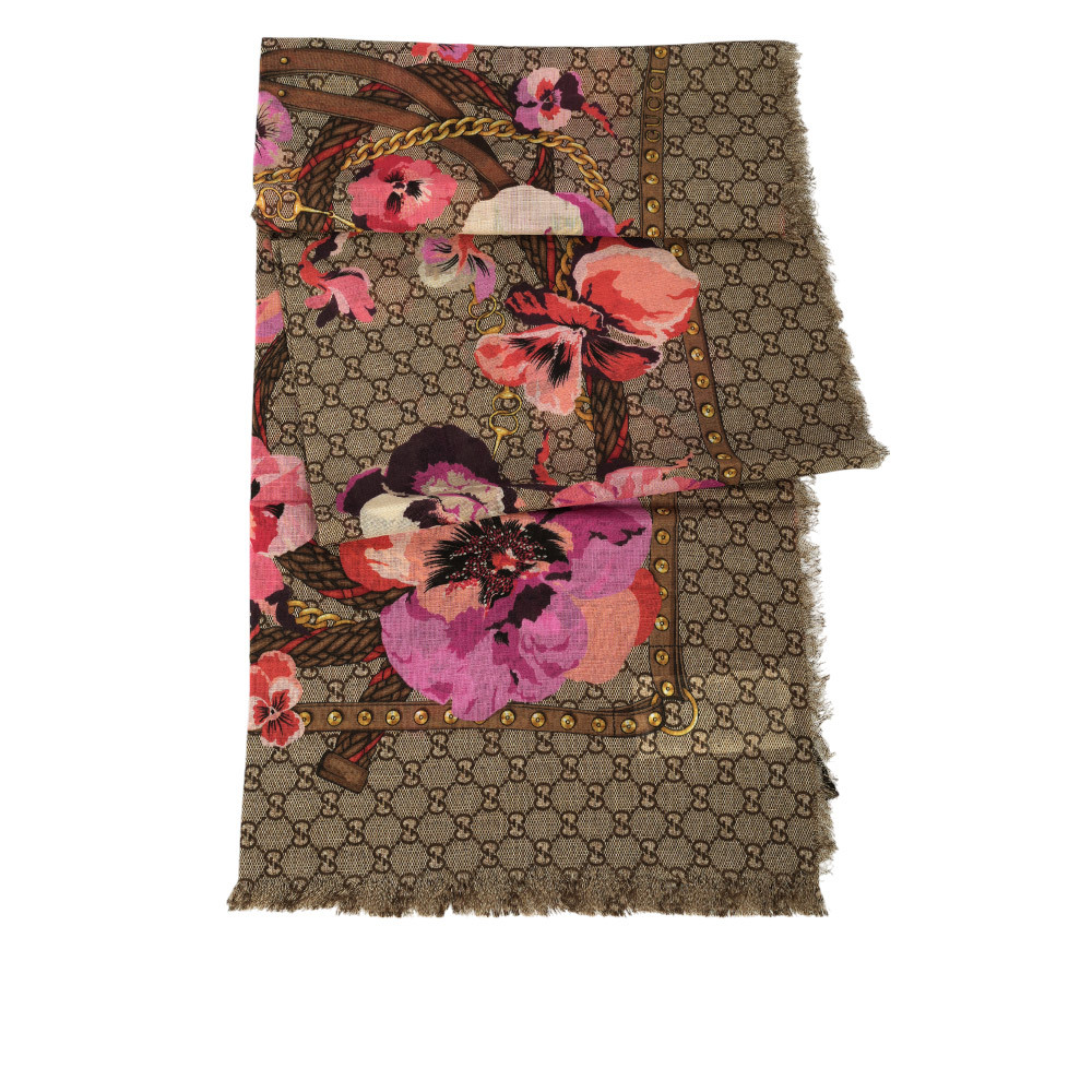 【GUCCI】GG Logo 花卉圖案羊毛披肩/圍巾