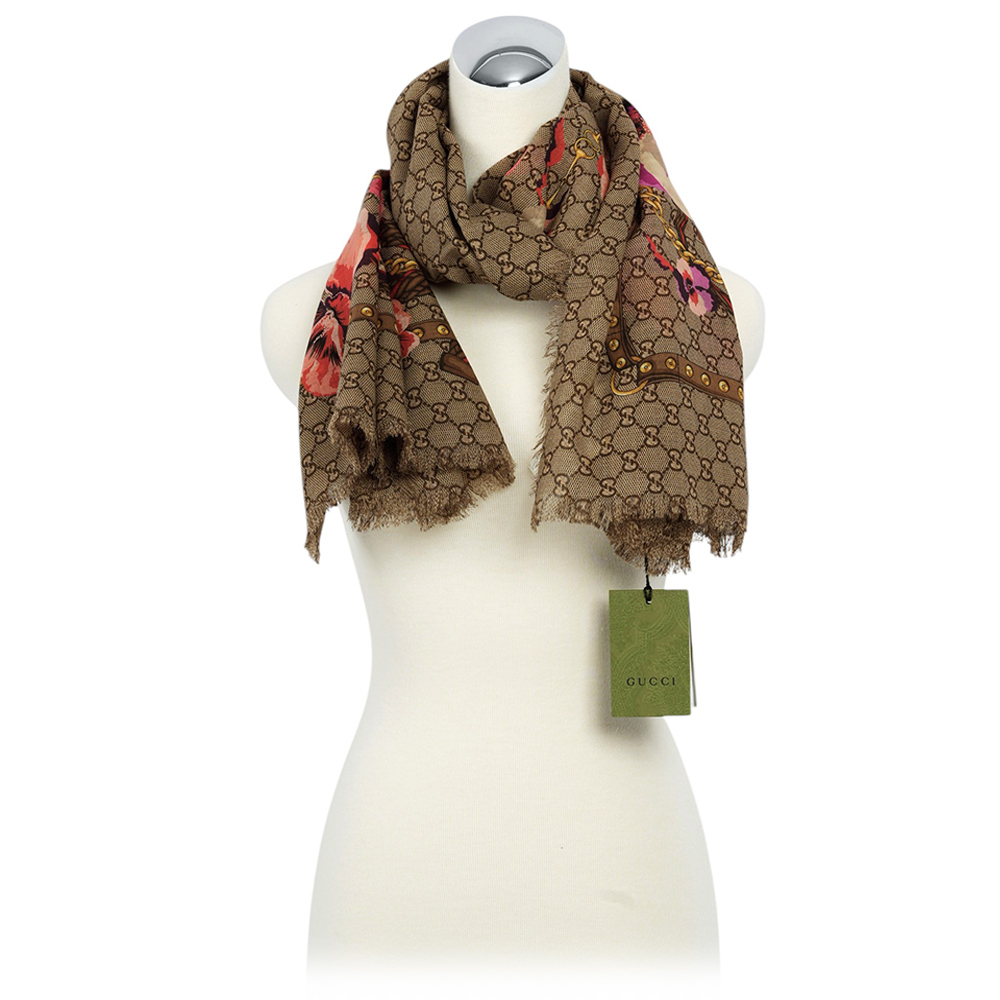 GG Logo 花卉圖案羊毛披肩/圍巾(米色/紫紅色) 508797 3G200 5879