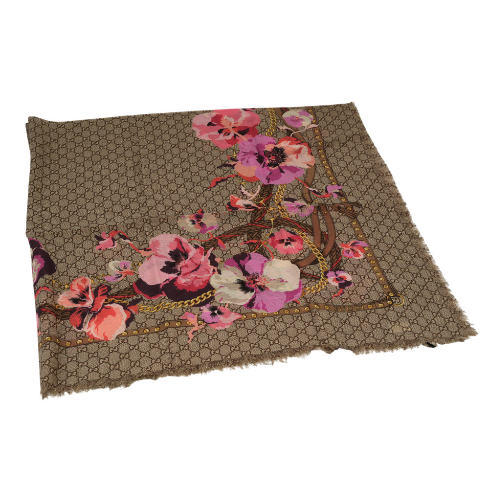 GG Logo 花卉圖案羊毛披肩/圍巾(米色/紫紅色) 508797 3G200 5879