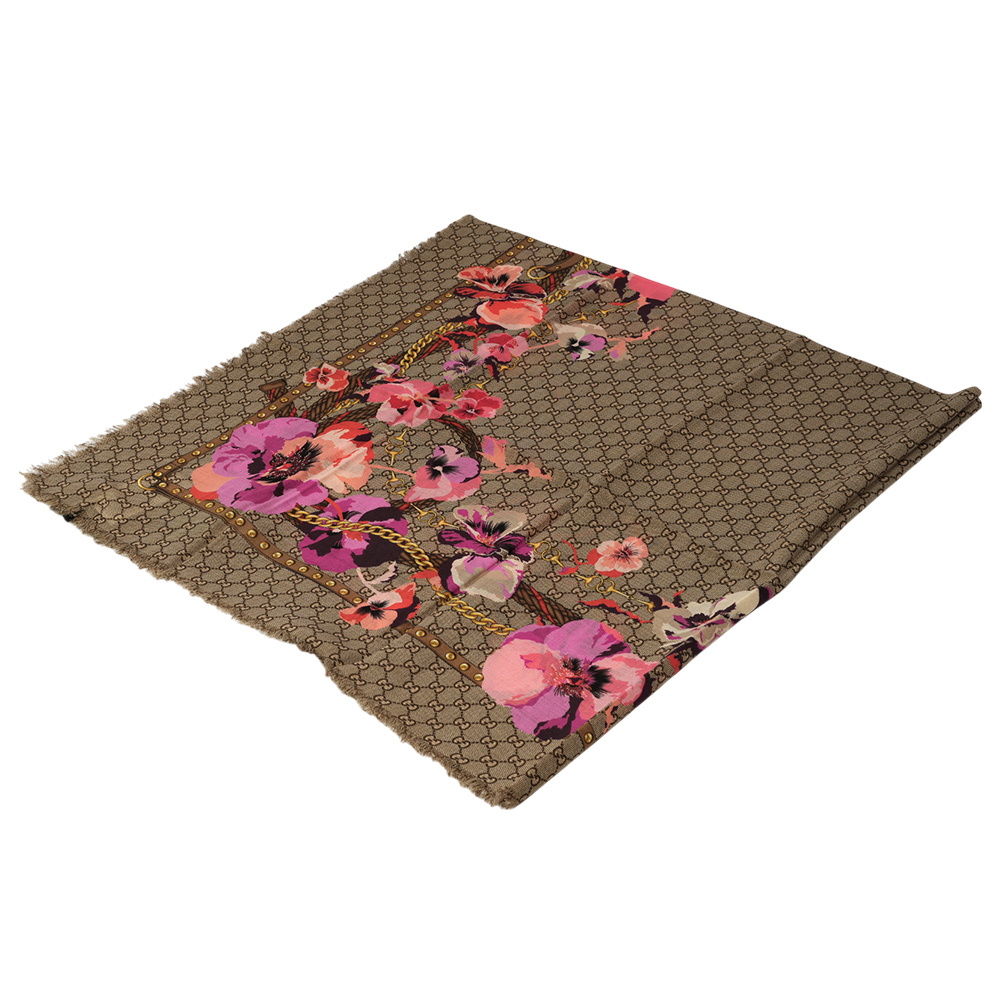 GG Logo 花卉圖案羊毛披肩/圍巾(米色/紫紅色) 508797 3G200 5879