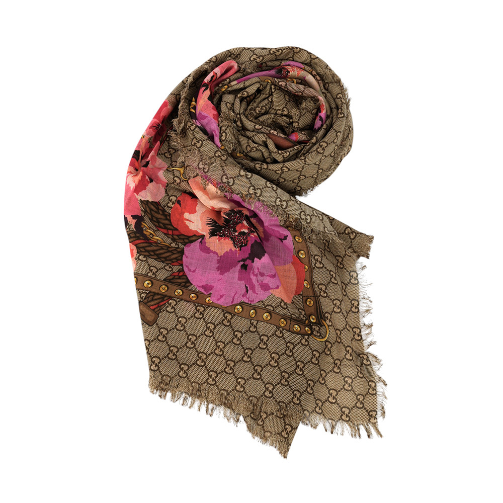 GG Logo 花卉圖案羊毛披肩/圍巾(米色/紫紅色) 508797 3G200 5879