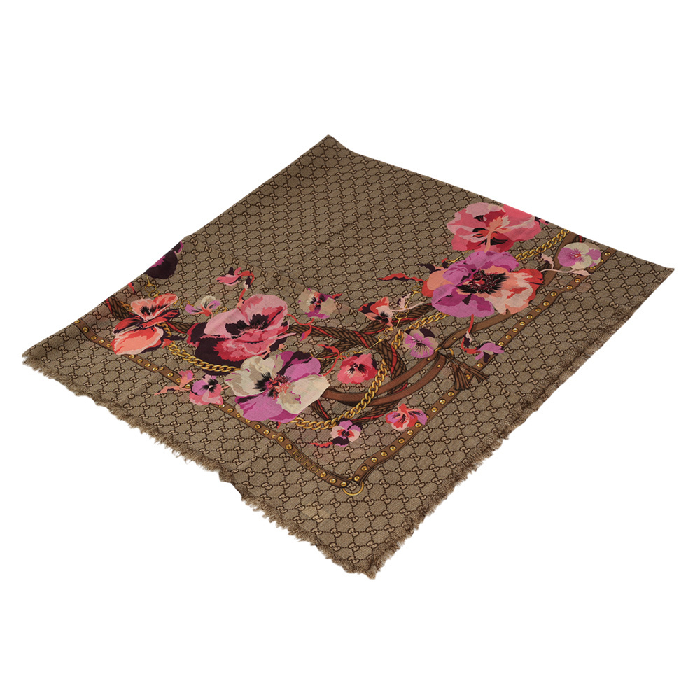 GG Logo 花卉圖案羊毛披肩/圍巾(米色/紫紅色) 508797 3G200 5879