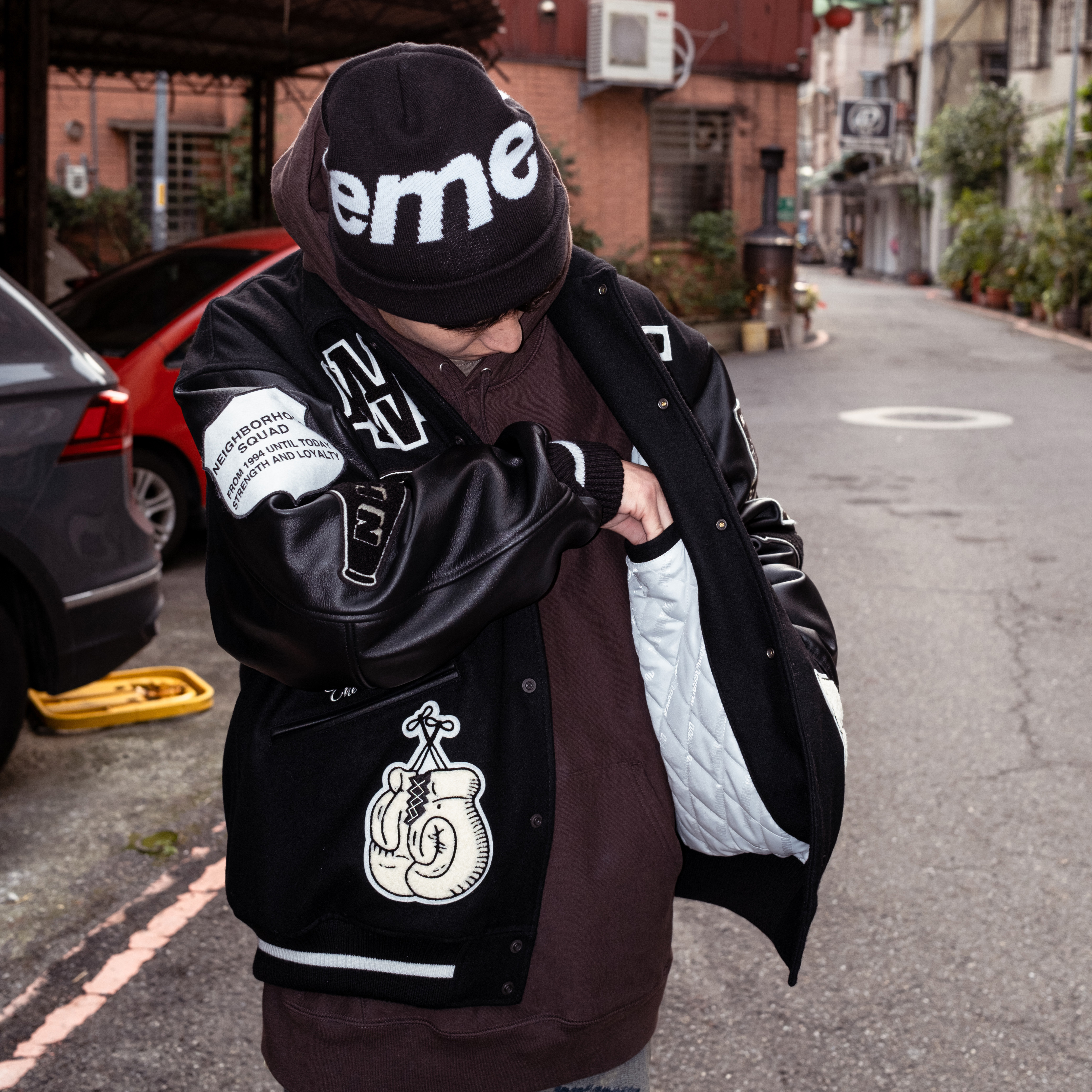 -(B6b)-NEIGHBORHOOD STADIUM JACKET 徽章 皮革 棒球外套 黑-242SZNH-JKM07