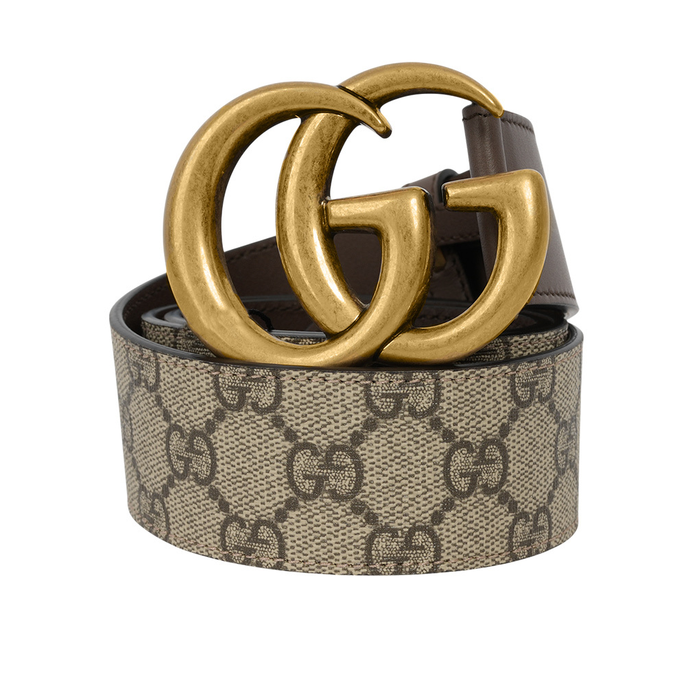 【GUCCI】霧金雙G Logo 防水皮革拼牛皮皮帶 85cm