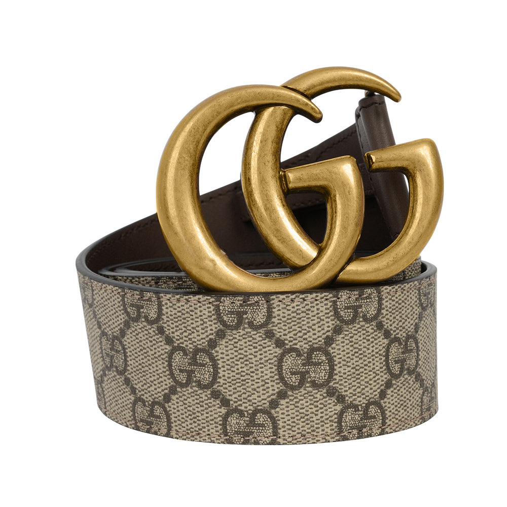 【GUCCI】霧金雙G Logo 防水皮革拼牛皮皮帶 85cm