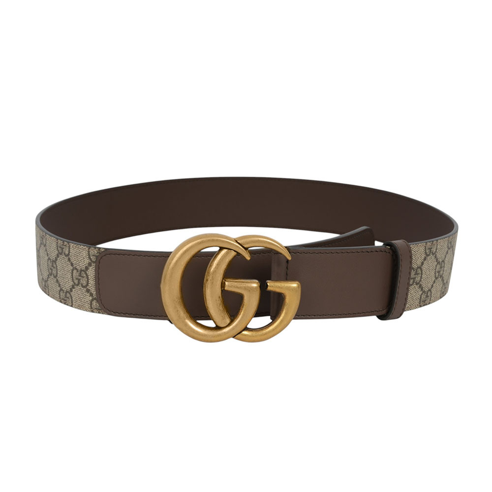 【GUCCI】霧金雙G Logo 防水皮革拼牛皮皮帶 85cm(米色/棕色)  400593 92TLT 8358