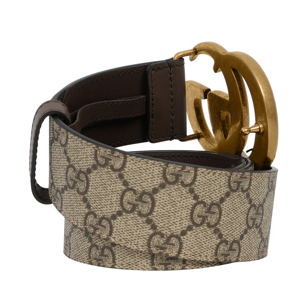 【GUCCI】霧金雙G Logo 防水皮革拼牛皮皮帶 85cm(米色/棕色)  400593 92TLT 8358