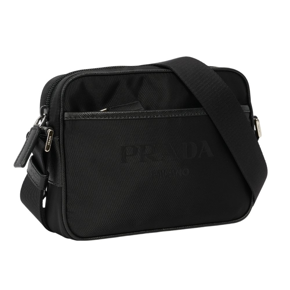 【Prada】刺繡及三角牌Logo 雙面可用尼龍拉鍊斜背包