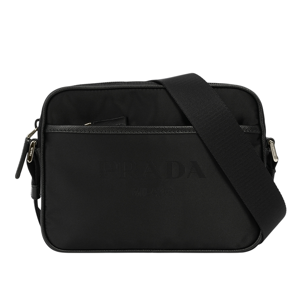 【Prada】刺繡及三角牌Logo 雙面可用尼龍拉鍊斜背包