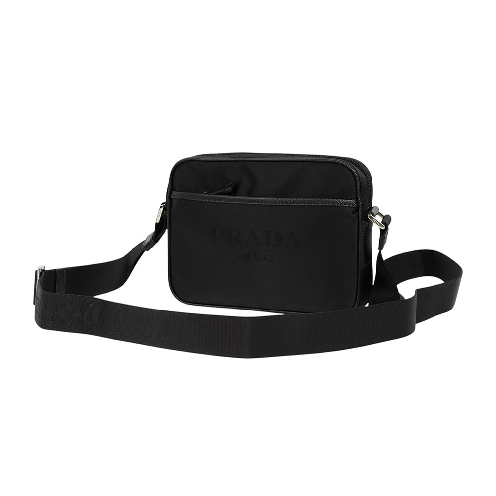 刺繡及三角牌Logo 雙面可用尼龍拉鍊斜背包(黑色) 2VH144 2FMO F0002