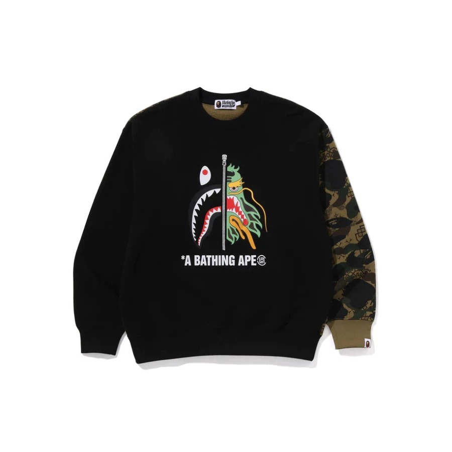 2024AW APE BAPE CLOT CAMO SHARK PATCHED RELAXED FIT CREWNECK SWEATSHIRT 寬版 聯名 鯊魚 貼布 大學T 現貨