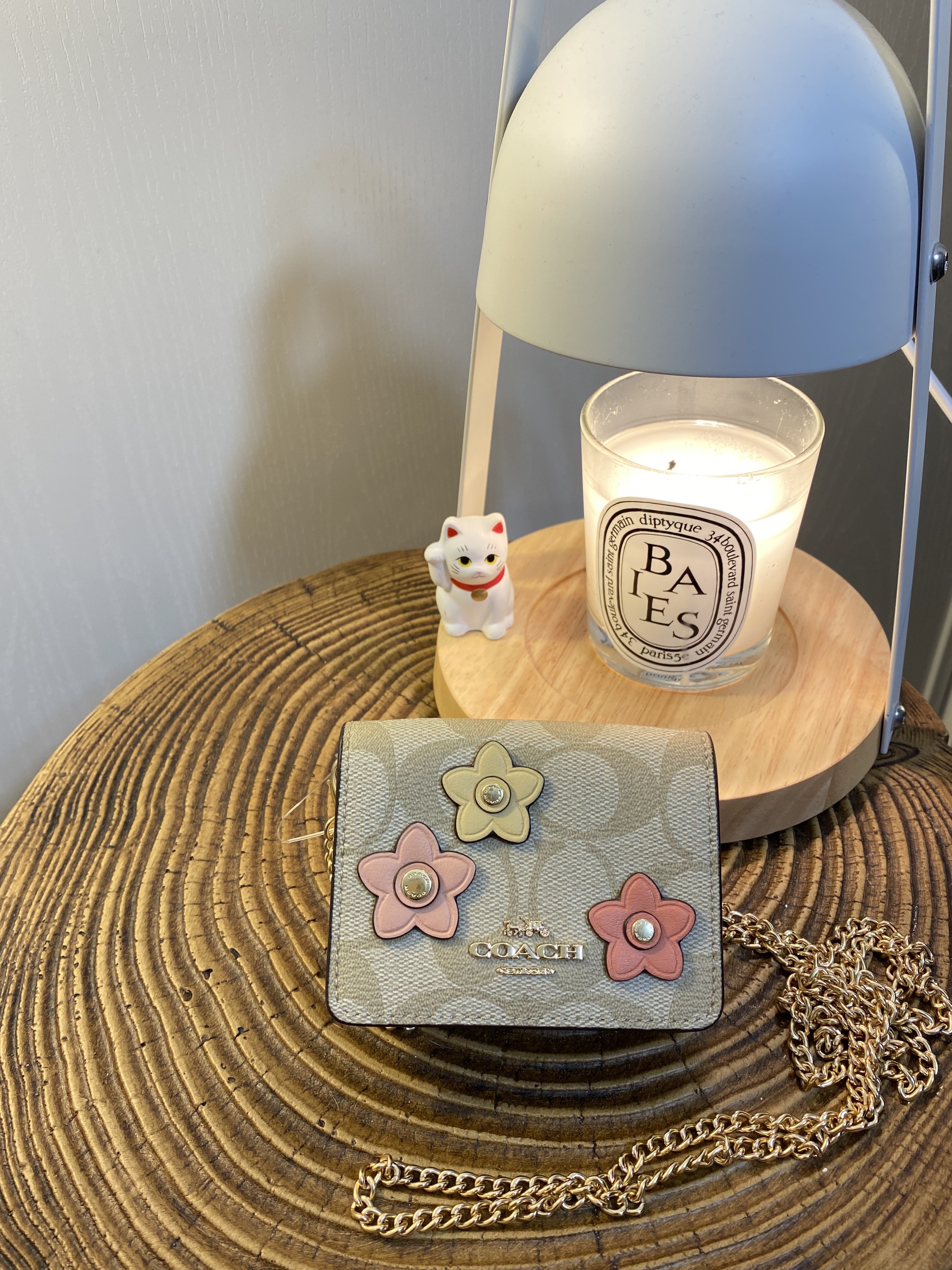 美國現貨 Coach Mini Wallet on Chain with Floral Charms - Light Kahki