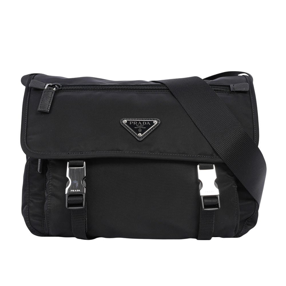 【Prada】三角牌尼龍雙釦小款斜背包/郵差包(黑色)