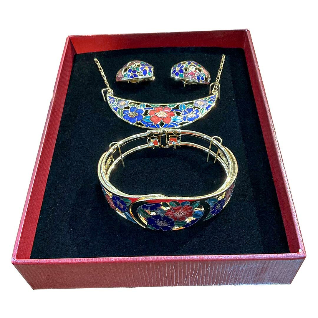 景泰藍項鍊手鐲耳夾組(顏色隨機出貨)