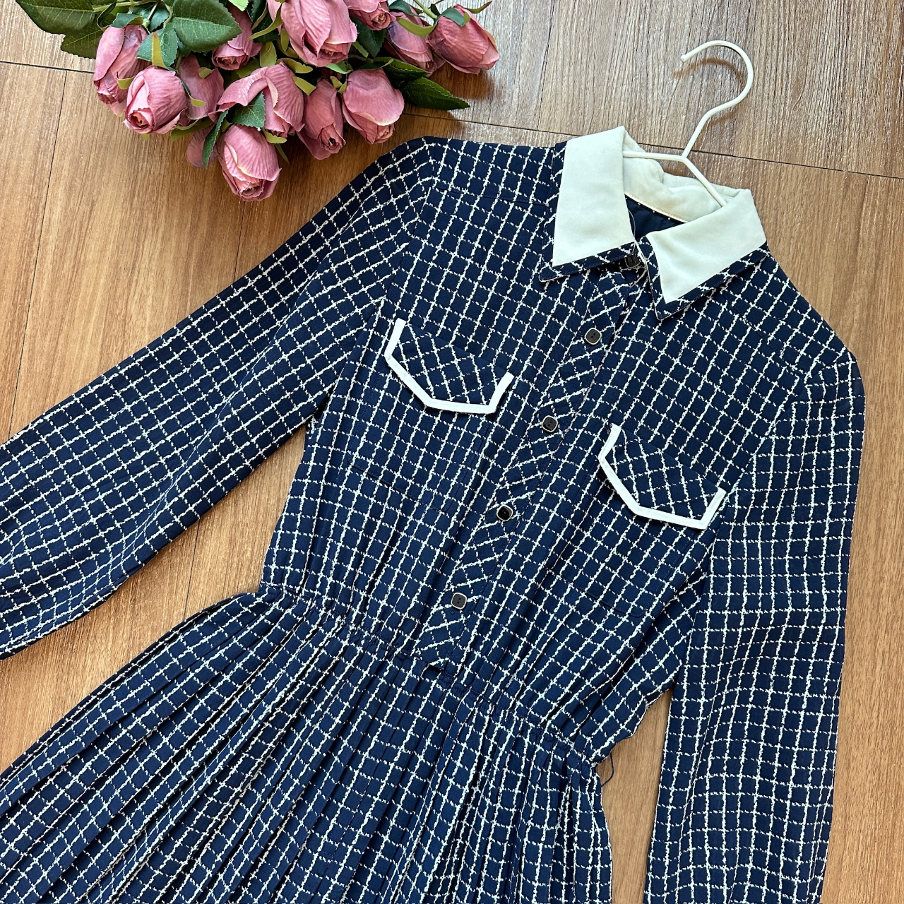 文青感深藍色格紋古著連身裙