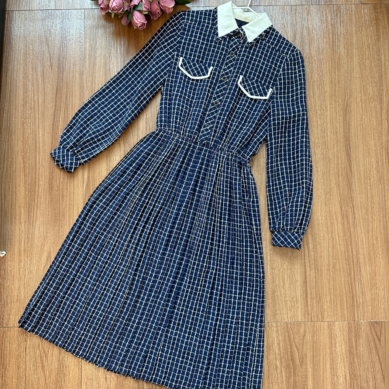 文青感深藍色格紋古著連身裙