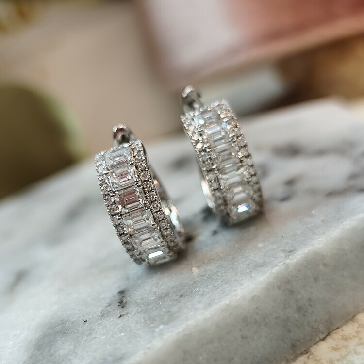 18K白金祖母綠切割鑽石圈形耳環