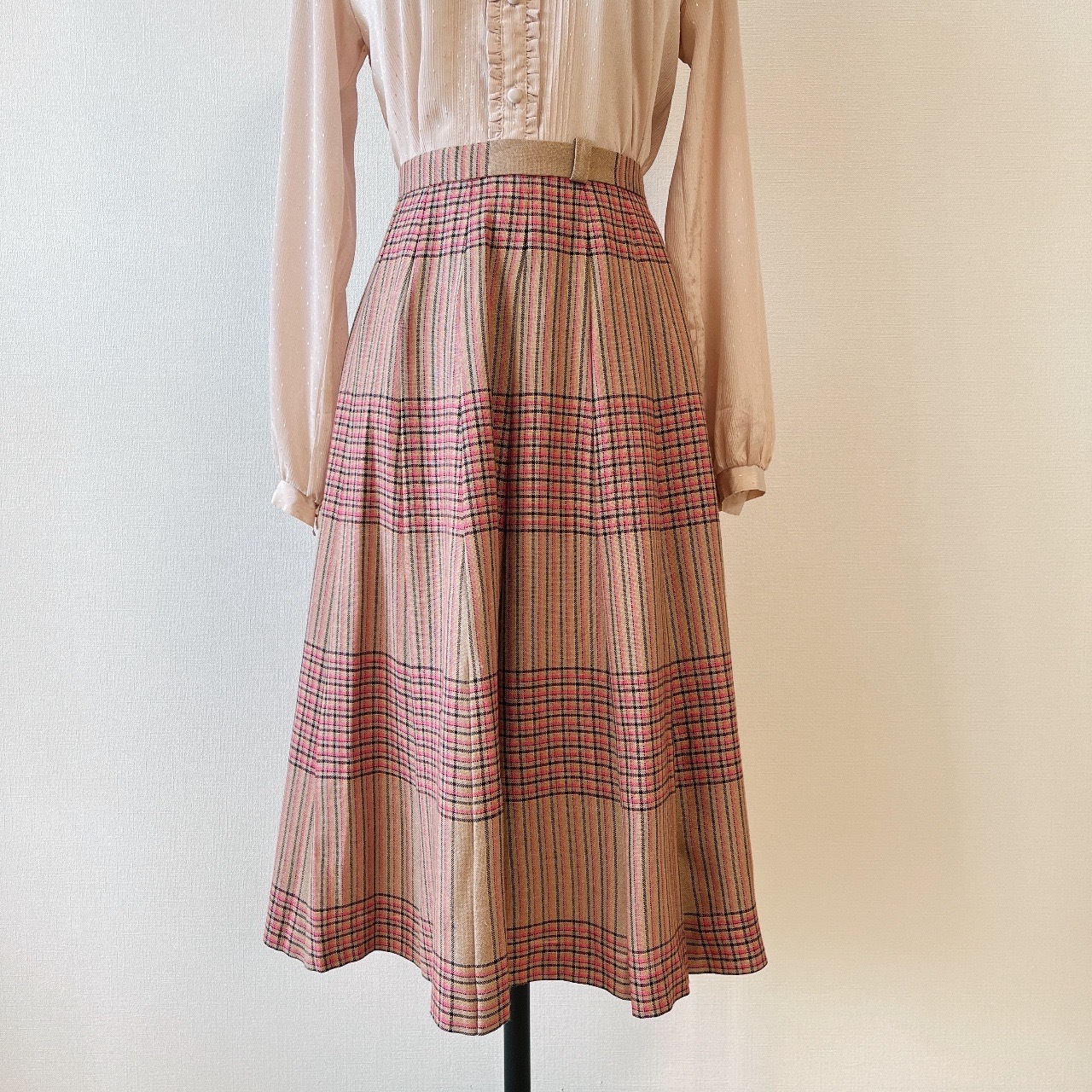 Leilian法國製粉紅配卡其色古著格紋半裙