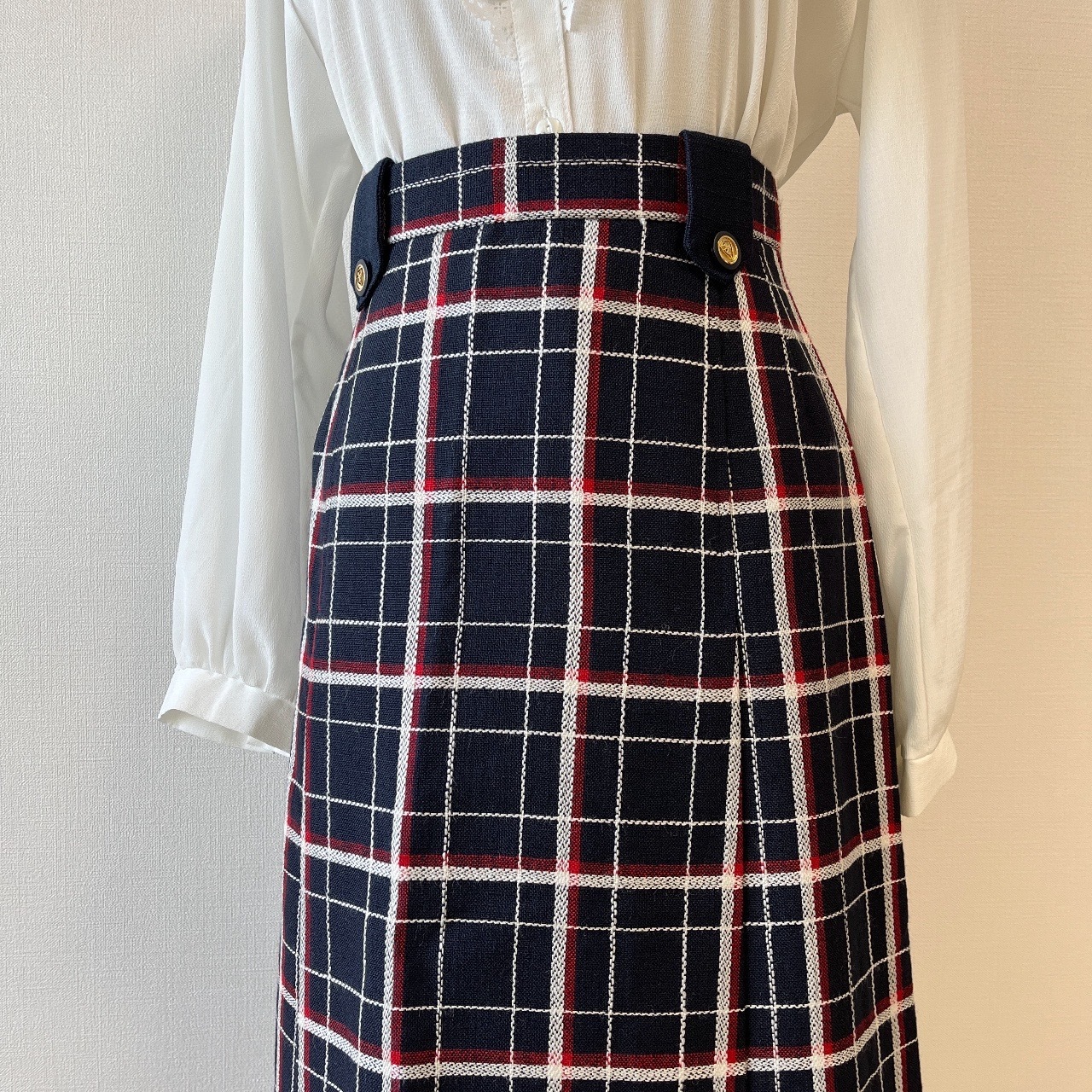 日本製深藍色配紅色格紋古著半身裙
