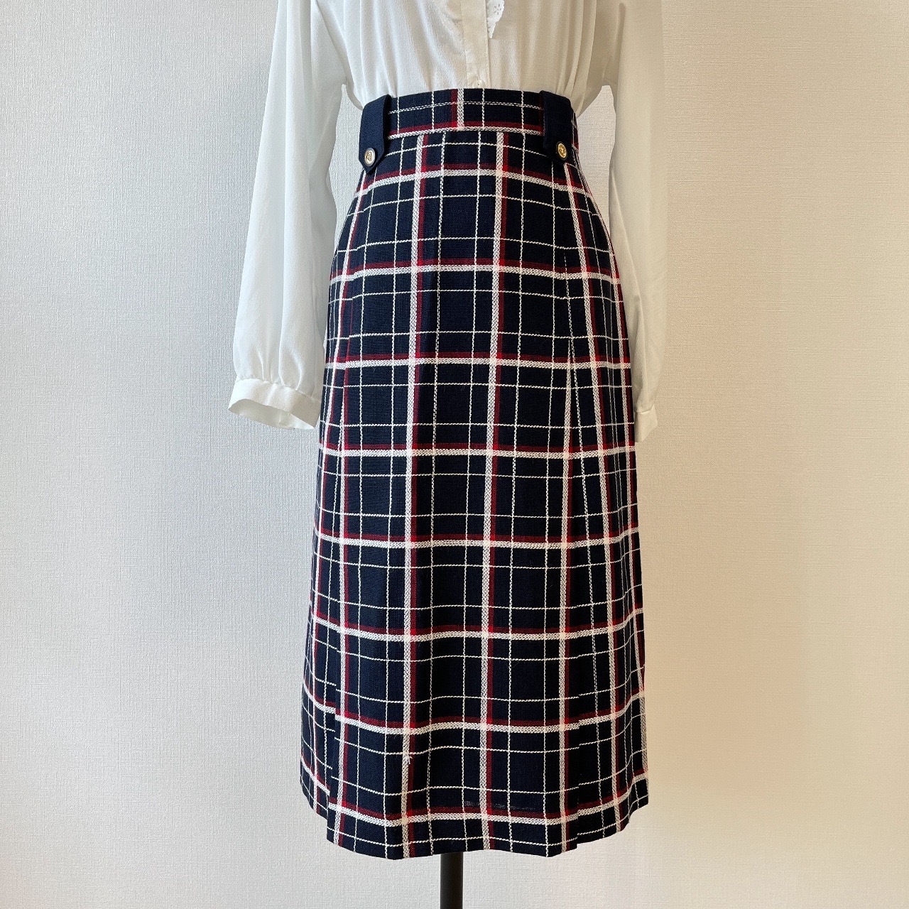 日本製深藍色配紅色格紋古著半身裙