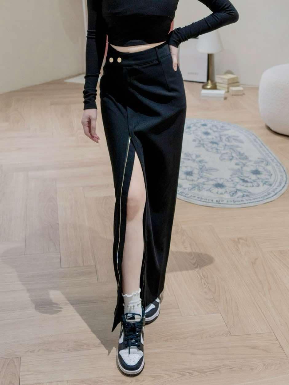 🤍獨特金釦拉鍊開衩長裙（黑色S/M）