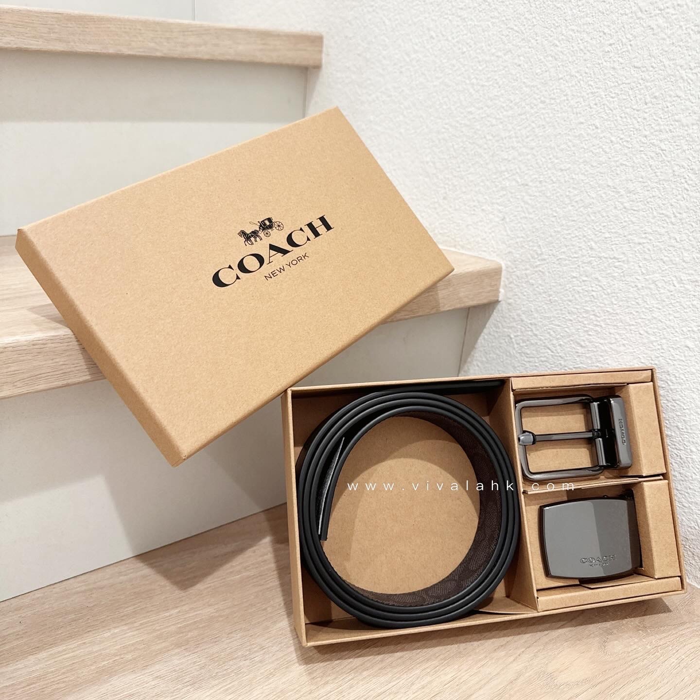Coach - 男裝雙扣雙面皮帶禮盒裝 (深灰黑C字+黑) (35mm) (CW362)