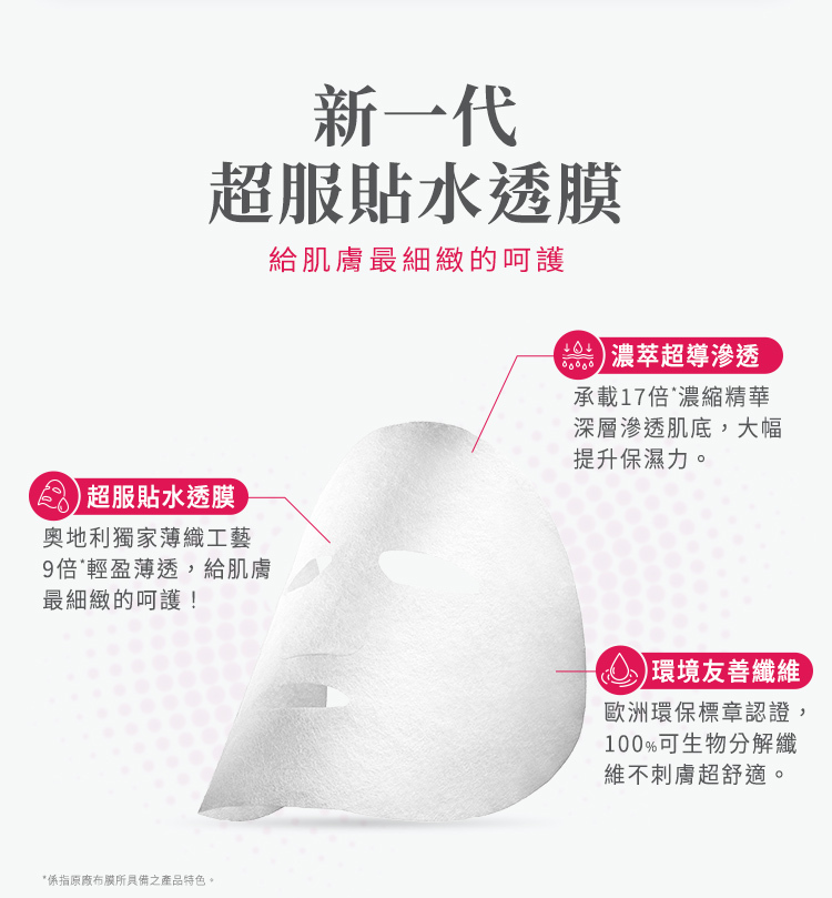 服貼水透摩,獨家薄織工藝搭載17倍濃縮精華滲透肌底,環境友善纖維,100%可生物分解纖維,友善肌膚、環境