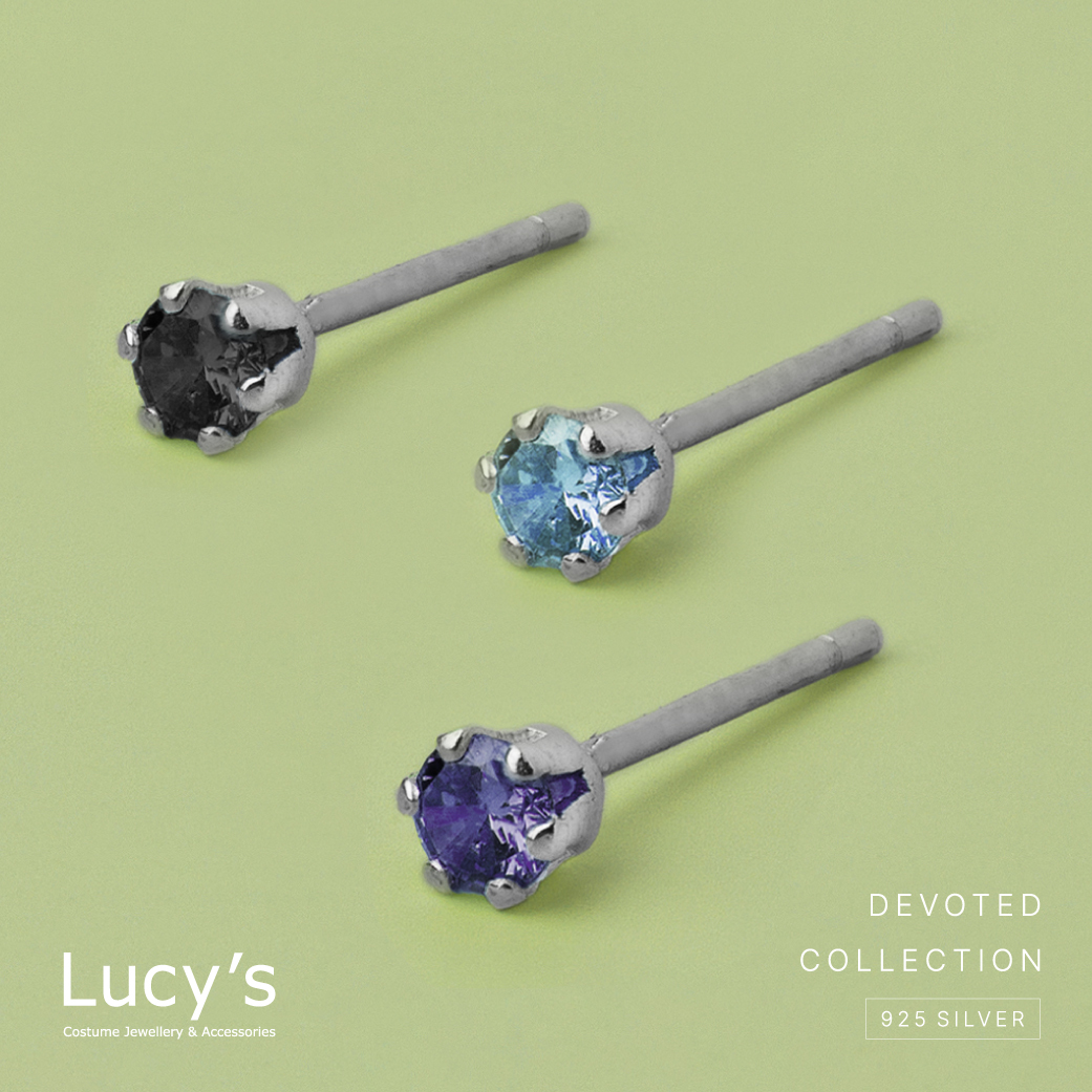 純銀字母系列 | 925純銀 黑/紫/粉藍鑽 單支耳環 (100622/100623/100624)