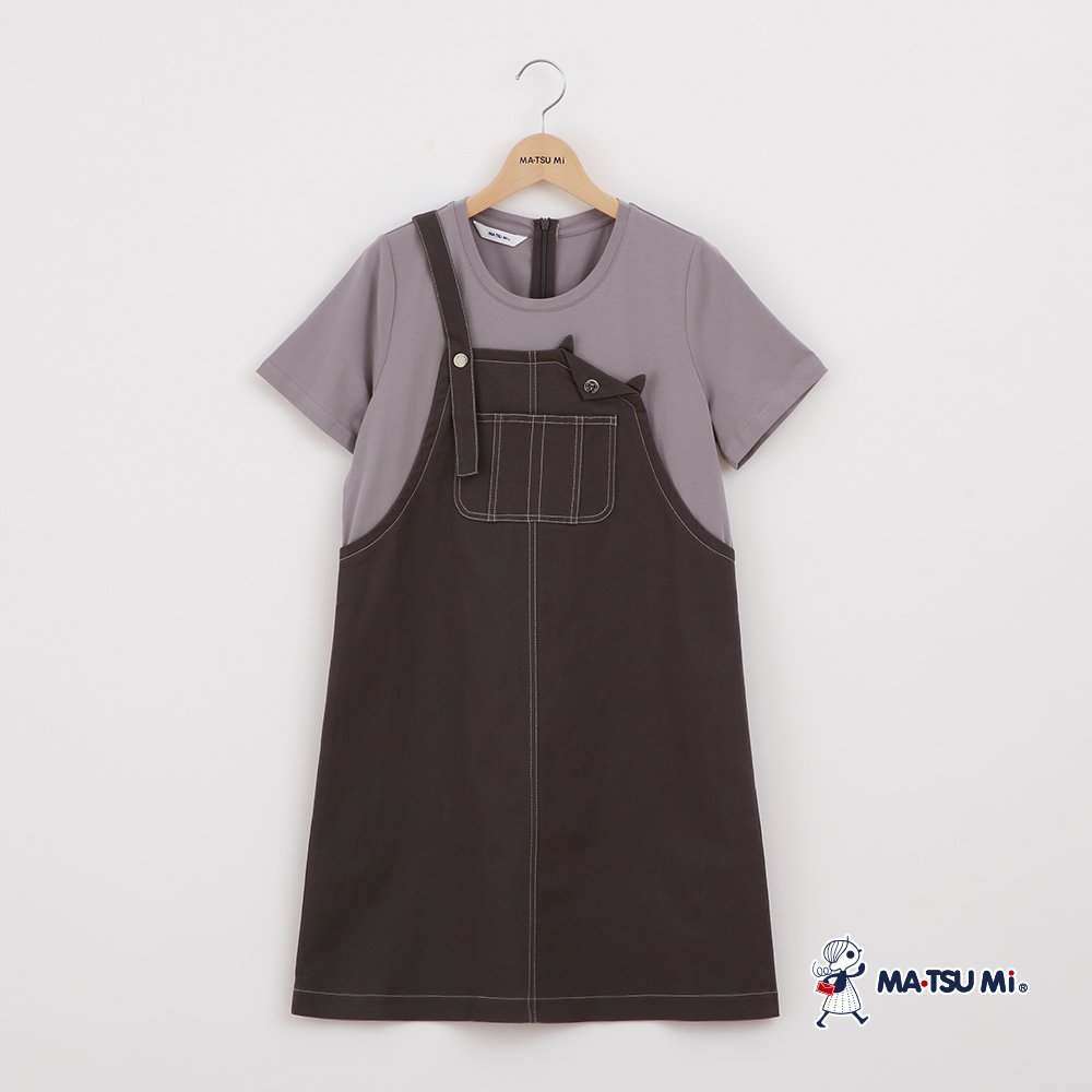 MA‧TSU Mi 撞色拼接感貓咪造型吊帶裙(白.深灰)